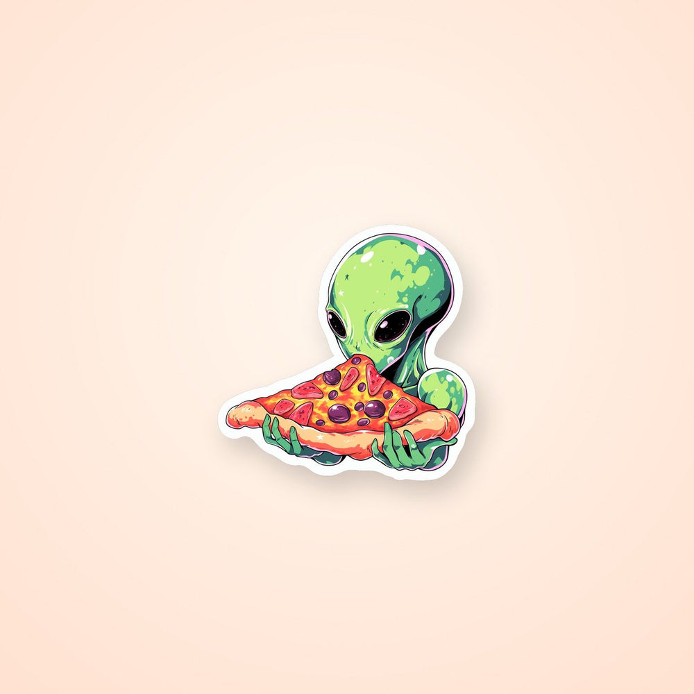 Green Alien Eating Pizza Sticker