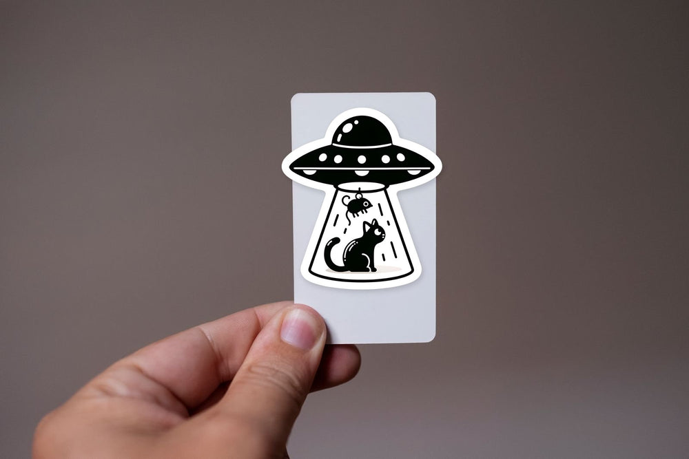 UFO Abducting Cat Mouse Blackwhite Sticker