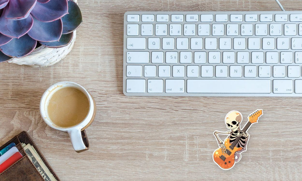 Skeleton Playing Orange Guitar Sticker