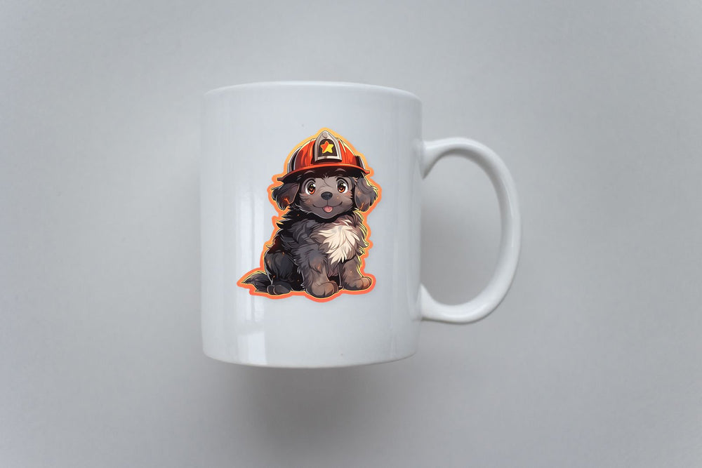 Fluffy Dog in a Fire Helmet Sticker