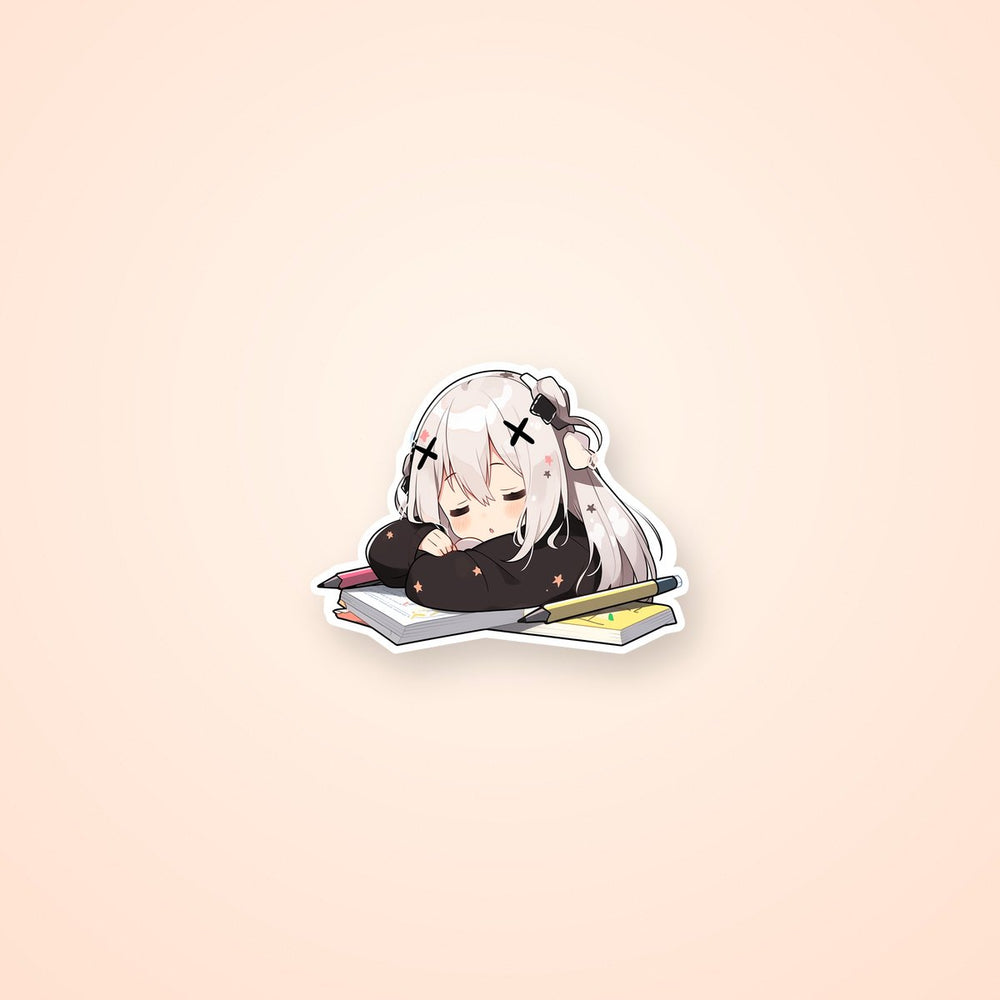 Cute Anime Girl Sleeping on Homework Sticker