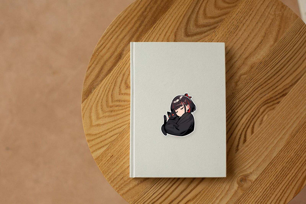 Cute Anime Girl with Black Cat Sticker