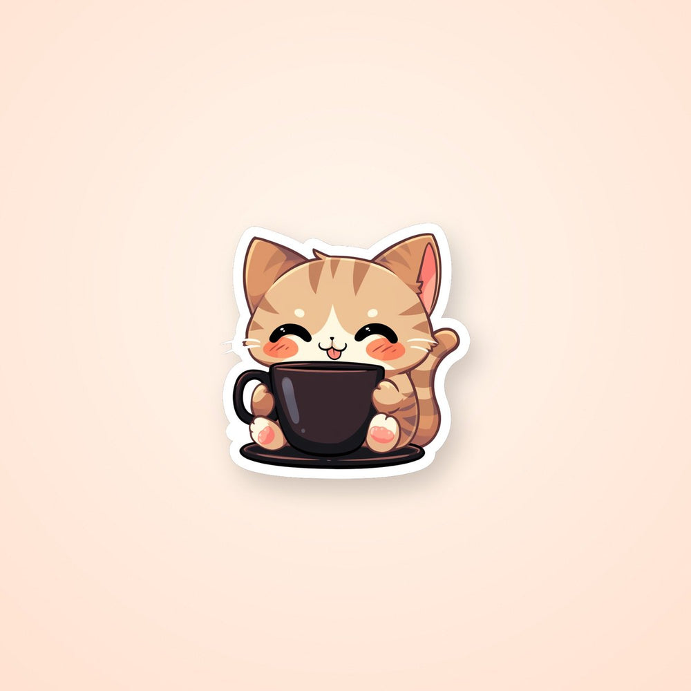 Cute Beige Cat with Coffee Cup Sticker
