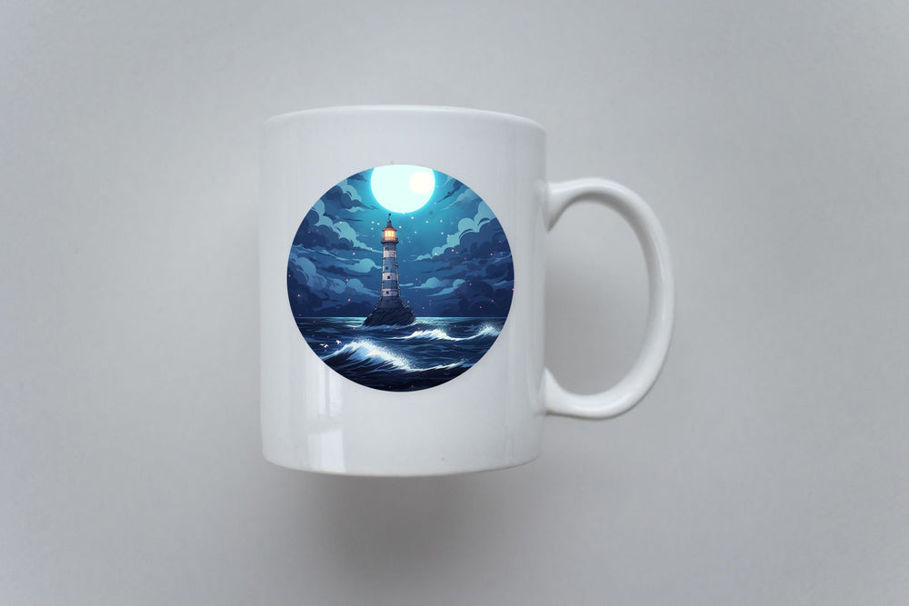 Lighthouse in Night Ocean Round Sticker