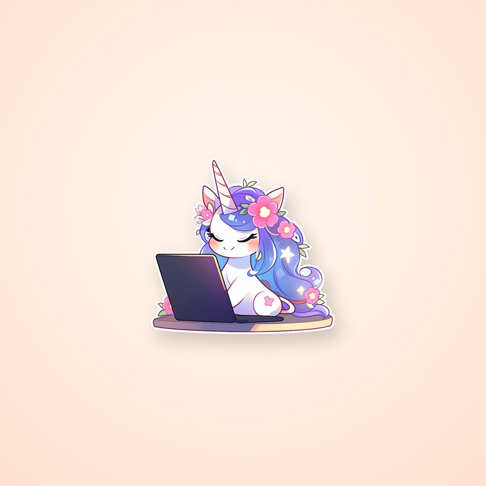 Cute Unicorn Working on Laptop Sticker