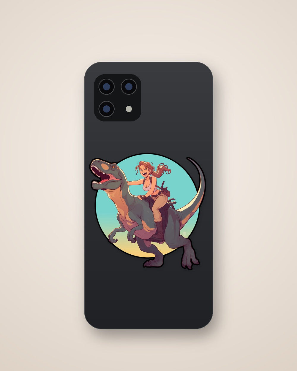 Lara Croft Riding Dinosaur Cartoon Sticker
