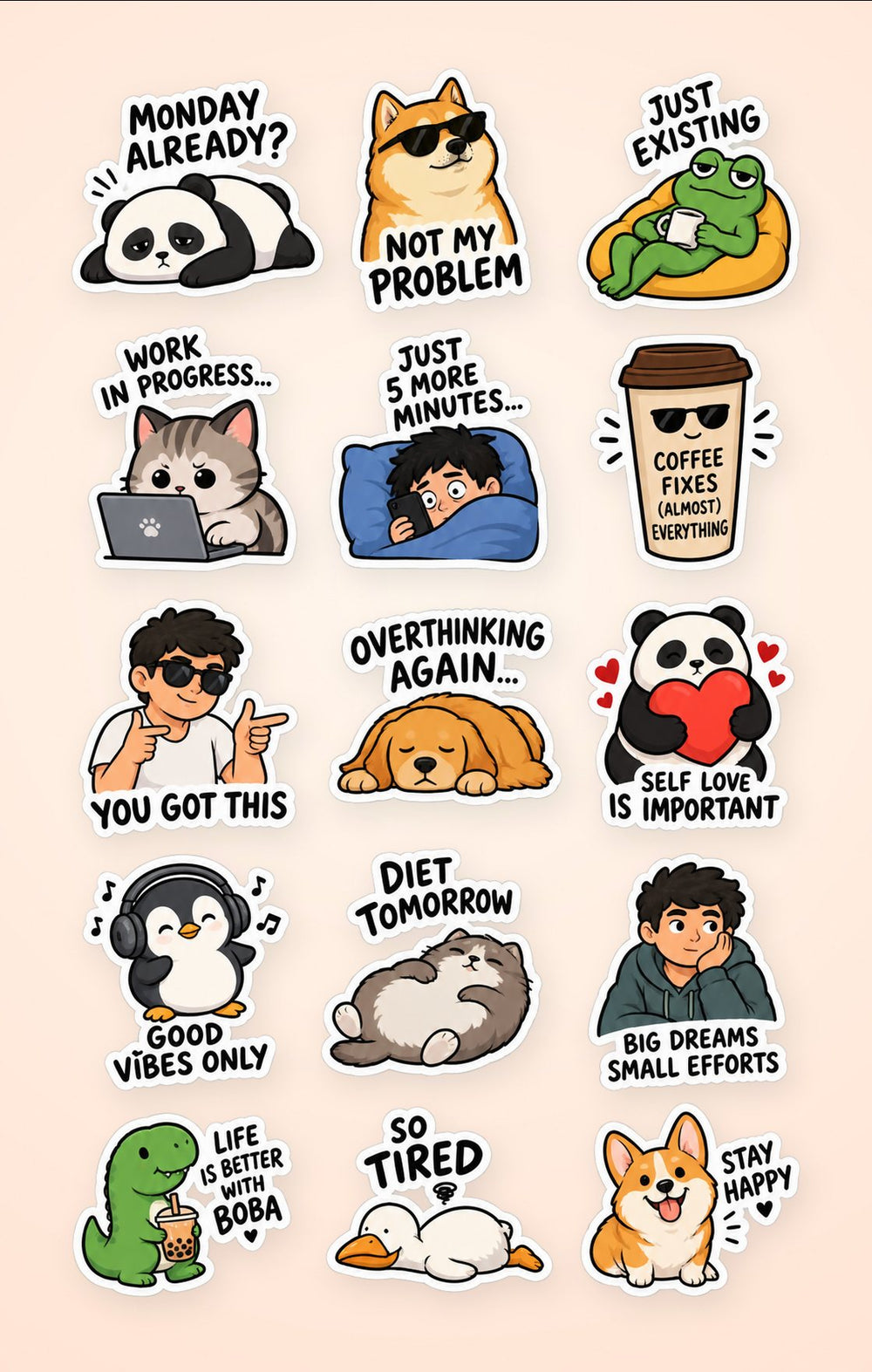 Cute Animals & Relatable Feelings Sticker Pack 2