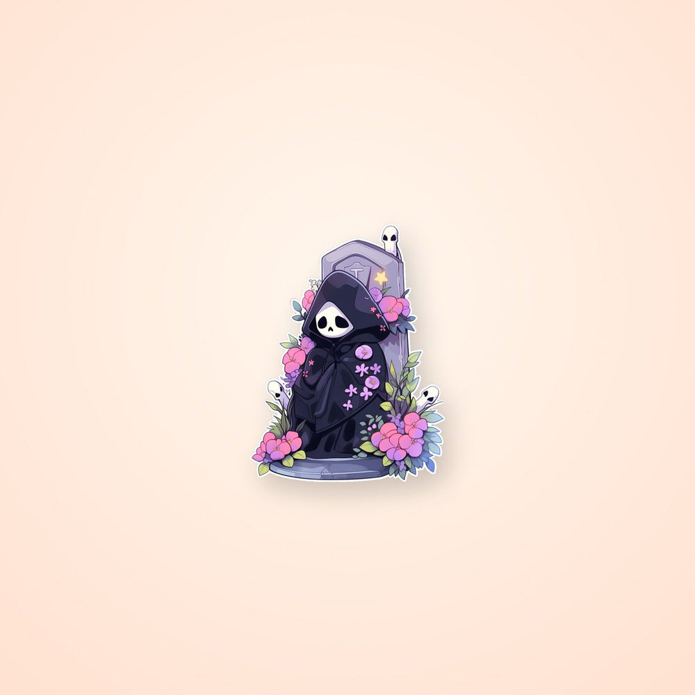 Graveyard Ghost & Flowers Halloween Sticker