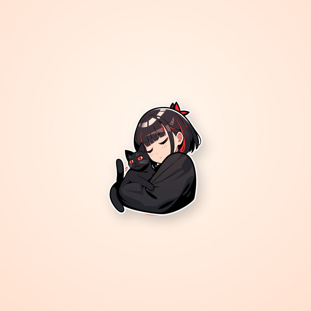 Cute Anime Girl with Black Cat Sticker