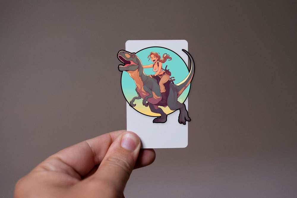 Lara Croft Riding Dinosaur Cartoon Sticker