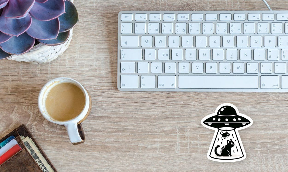 UFO Abducting Cat Mouse Blackwhite Sticker