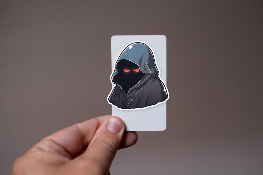 Mysterious Figure with Glowing Red Eyes Under Hooded Cloak Sticker