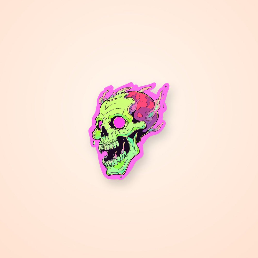 Creepy Green Skull in Pink Flame Sticker