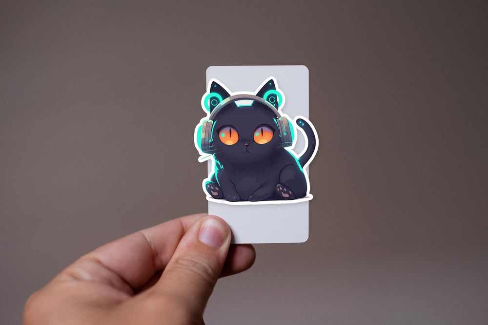 Cyberpunk Black Cat Headphones Sticker