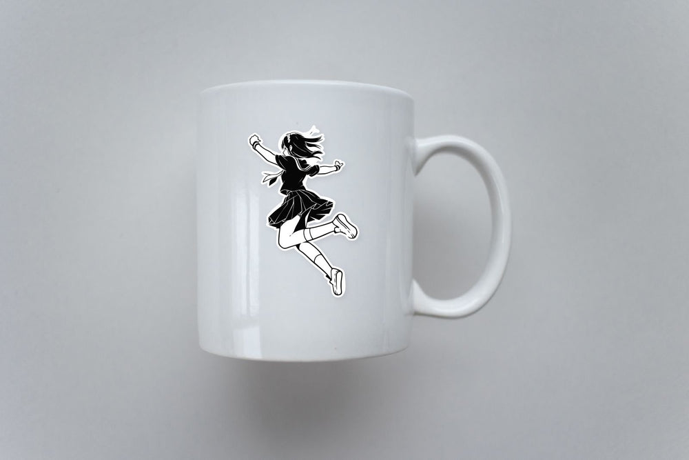 Floating in the Air Anime Girl B&W Sticker