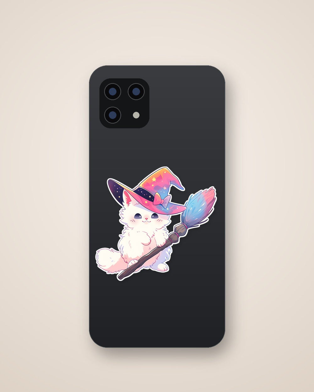 White Witch Cat with Broom Sticker