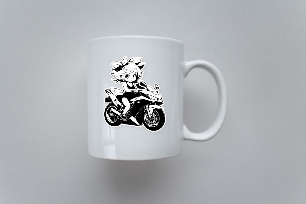 Anime Girl on a Sport Bike B&W Sticker