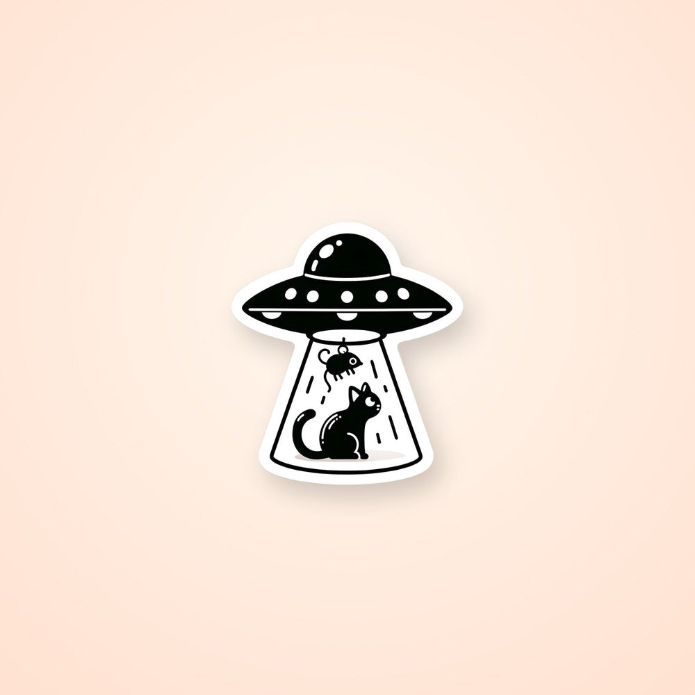 UFO Abducting Cat Mouse Blackwhite Sticker