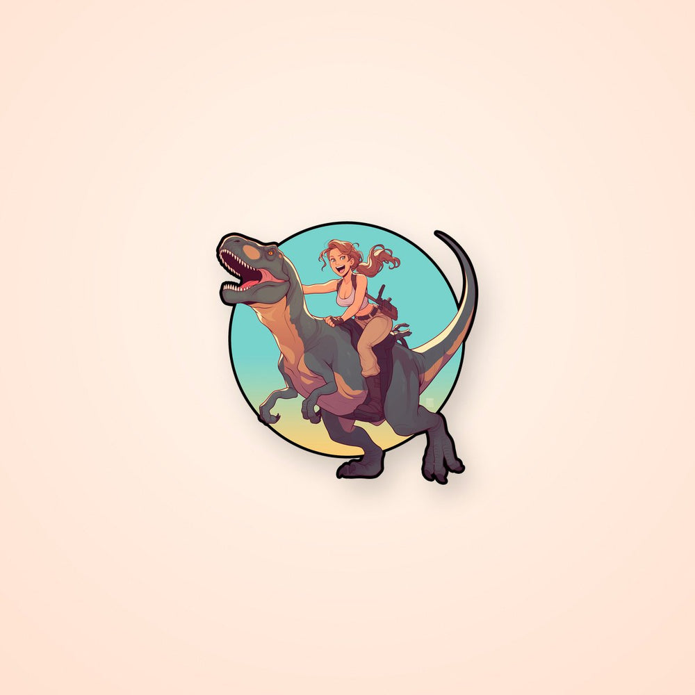 Lara Croft Riding Dinosaur Cartoon Sticker