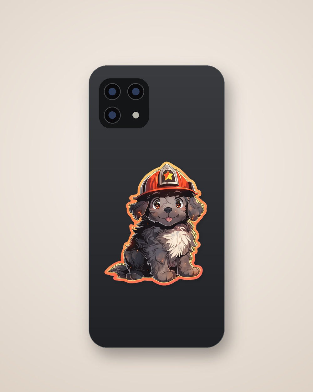 Fluffy Dog in a Fire Helmet Sticker