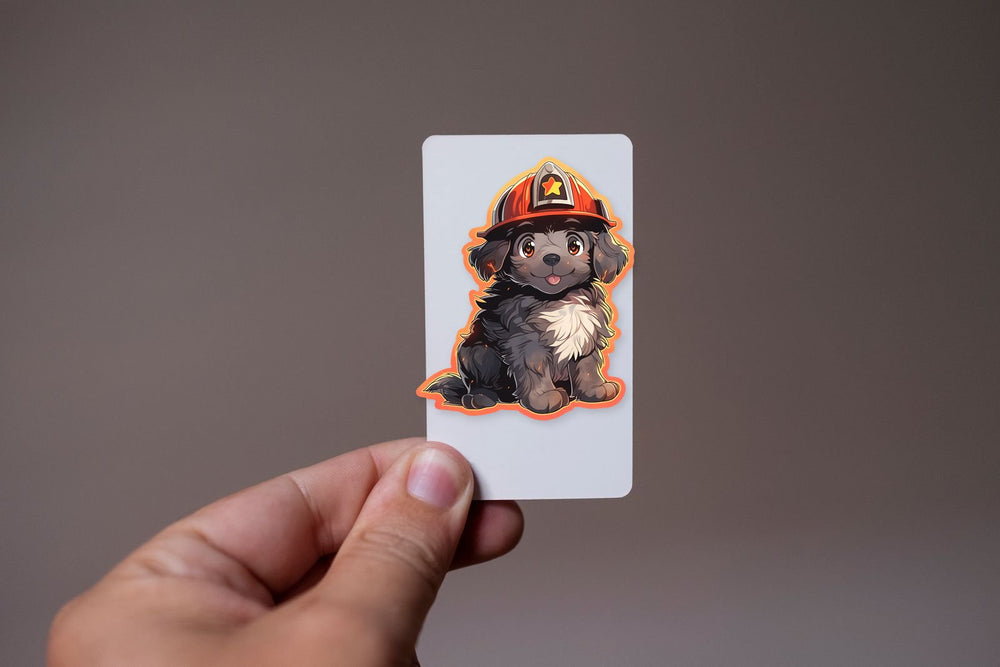 Fluffy Dog in a Fire Helmet Sticker