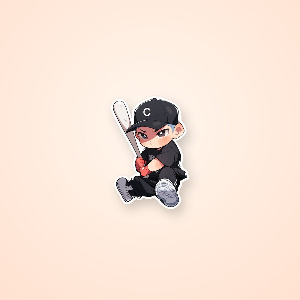 Cute Baseball Player Sitting with Bat in Hands Sticker