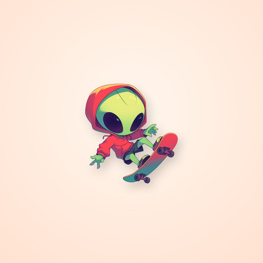 Skateboarding Alien in Red Hoodie Sticker