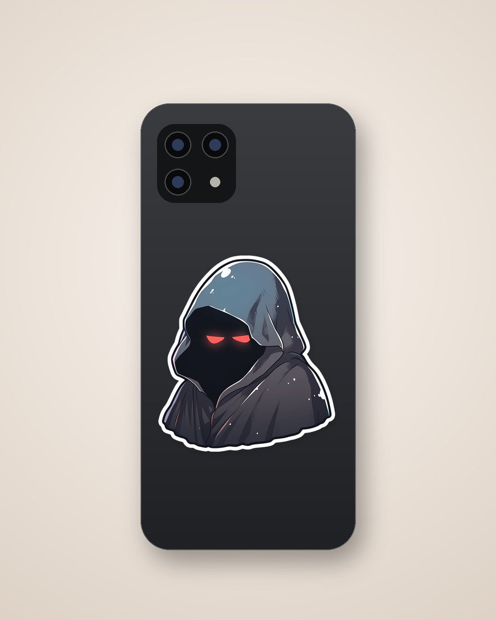 Mysterious Figure with Glowing Red Eyes Under Hooded Cloak Sticker