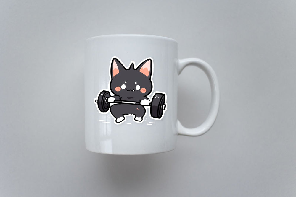 Cute Drawn Black Kitty with Barbell Sticker