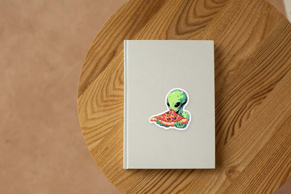 Green Alien Eating Pizza Sticker