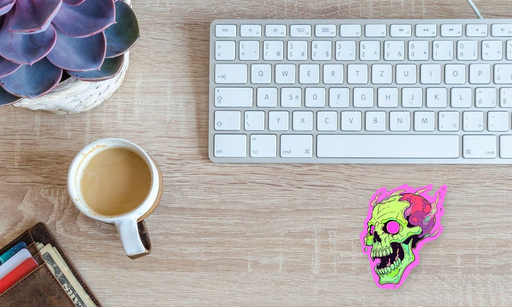 Creepy Green Skull in Pink Flame Sticker